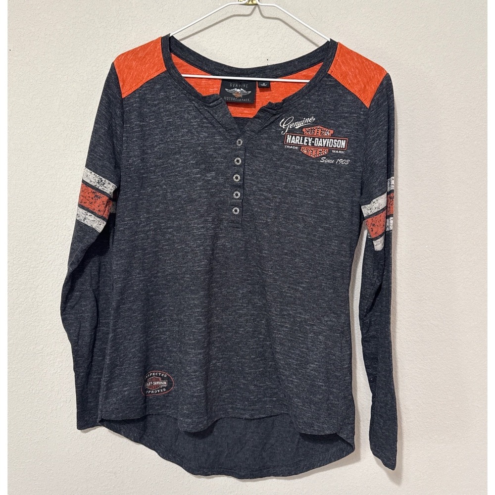 Harley-Davidson Henley Top Women Small Gray Oil Can Orange Graphic Biker